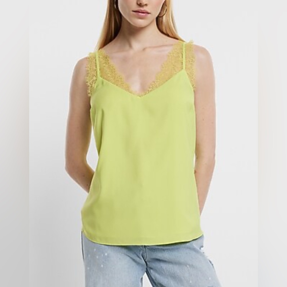 NWT Express Satin Lace Strap V-Neck Downtown Cami Top XS Lemon Yellow Shirt